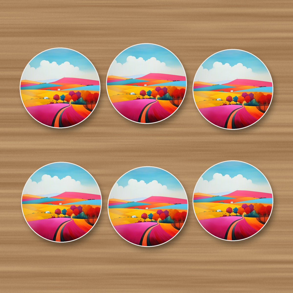 Bright Patchwork Hills round ceramic coasters, set of 6, on an oak coffee table