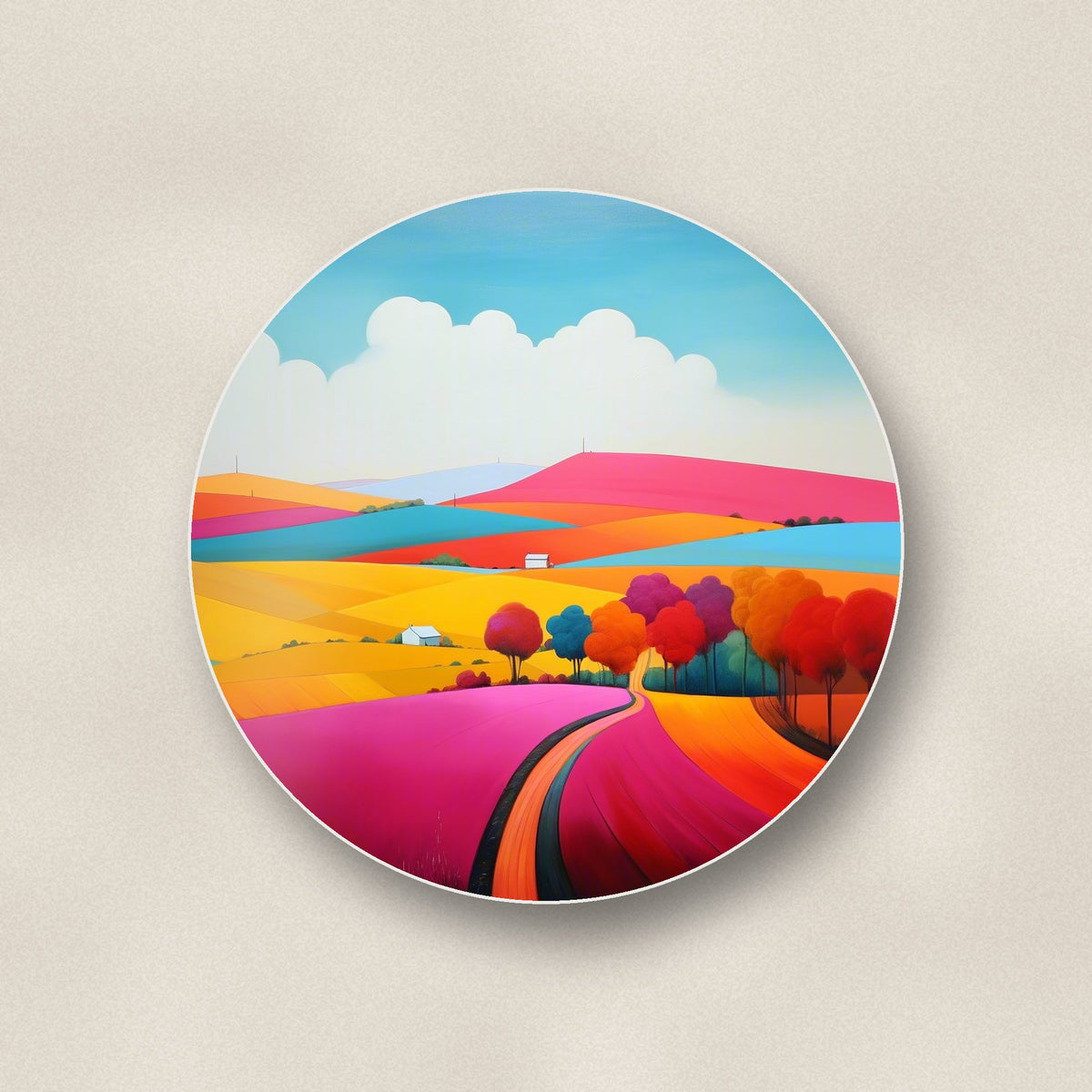 Close-up of one bright patchwork hills round ceramic coaster, flat UV print