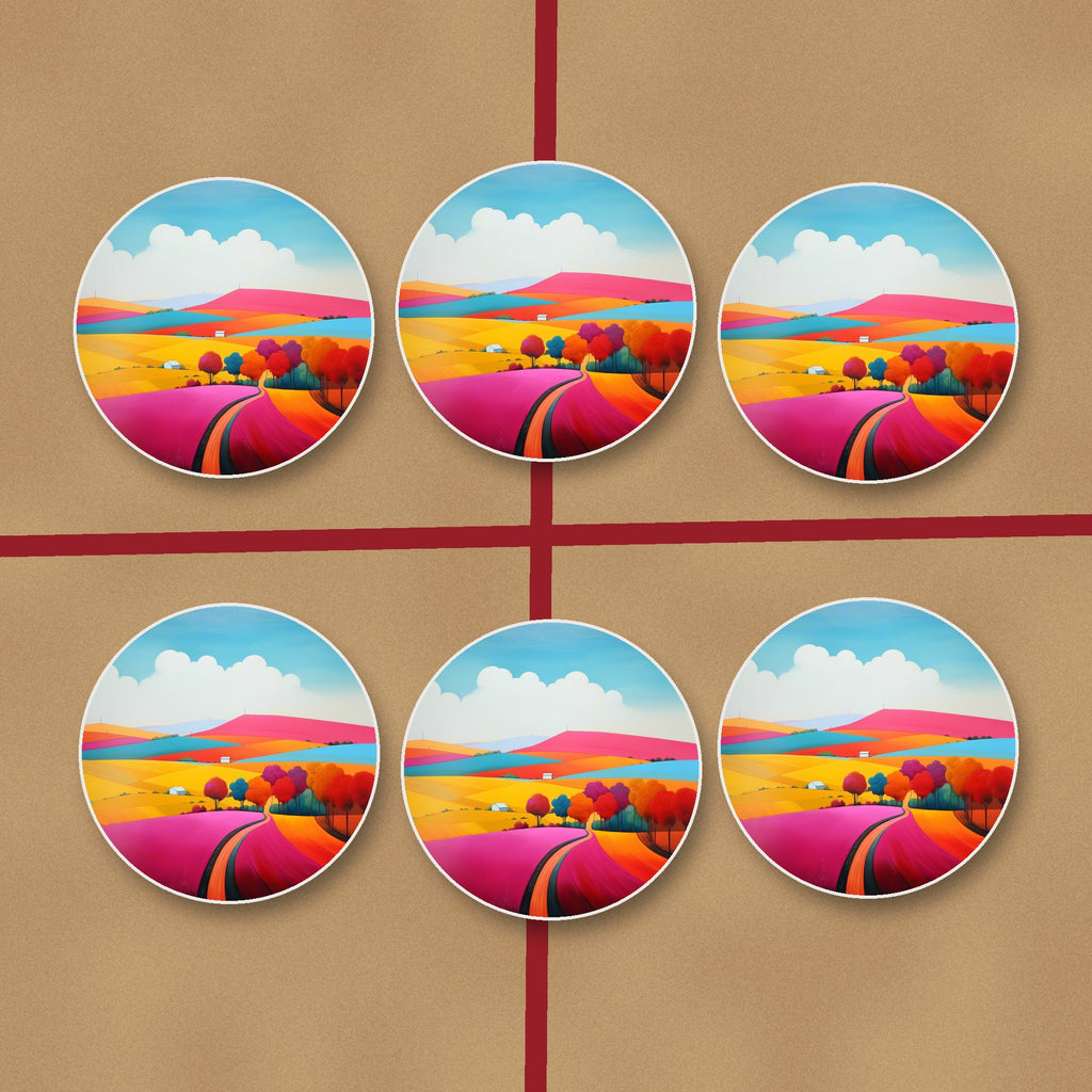 Bright Patchwork Hills round ceramic coasters on kraft gift wrap