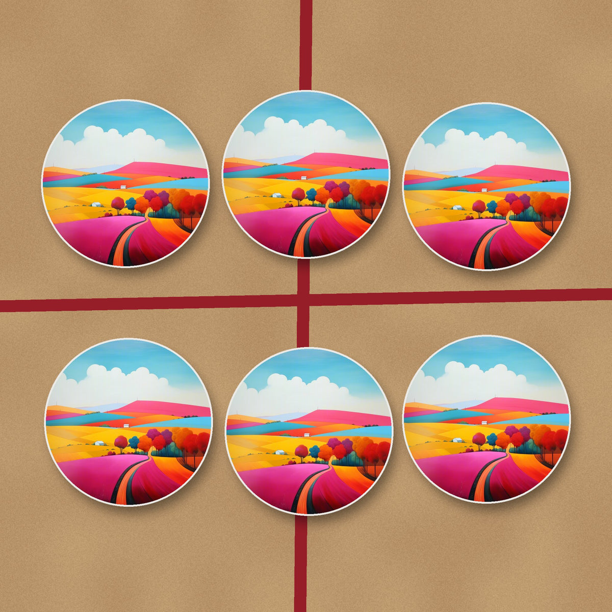 Bright Patchwork Hills round ceramic coasters on kraft gift wrap