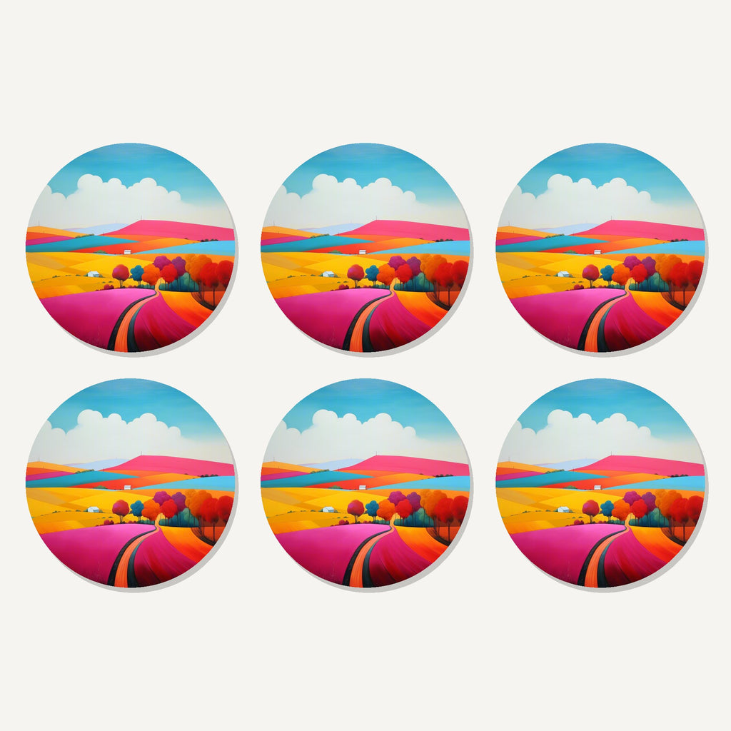 Flat lay of the bright patchwork hills artwork on six round coasters