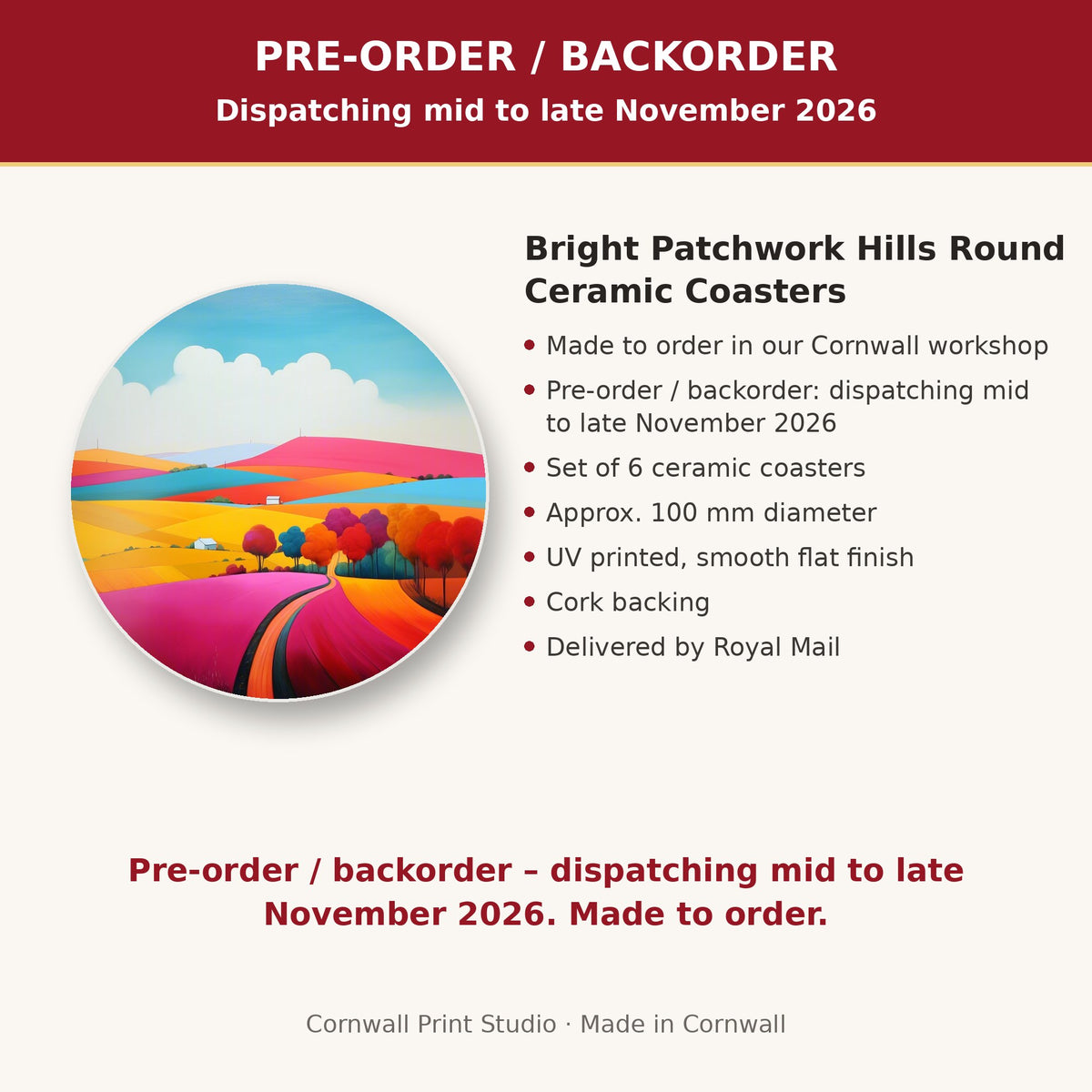 Info card: Bright Patchwork Hills Round Ceramic Coasters – Set of 6, made to order, dispatching mid to late November 2026, delivered by Royal Mail