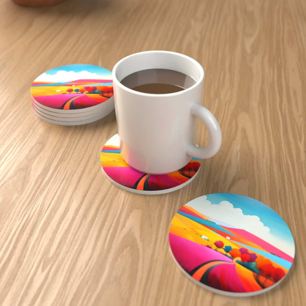 Bright Patchwork Hills Round Ceramic Coasters – Set of 6 – lifestyle mockup with a mug of coffee