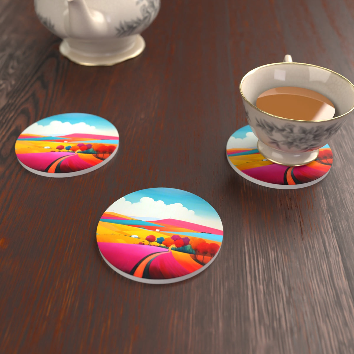 Bright Patchwork Hills Round Ceramic Coasters – Set of 6 – lifestyle mockup with a teacup