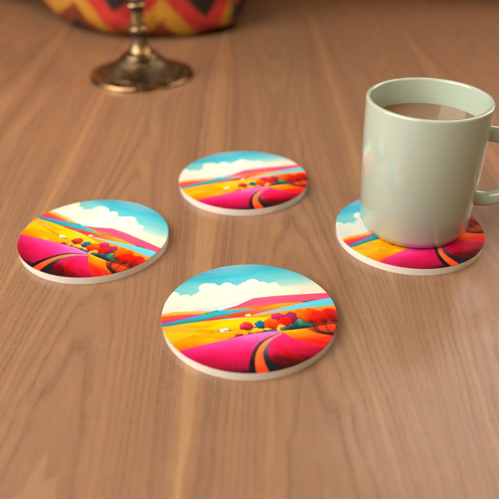 Bright Patchwork Hills Round Ceramic Coasters – Set of 6 – cosy lifestyle mockup