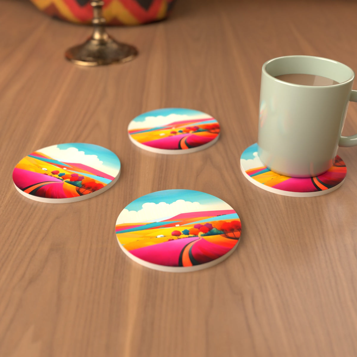 Bright Patchwork Hills Round Ceramic Coasters – Set of 6 – cosy lifestyle mockup