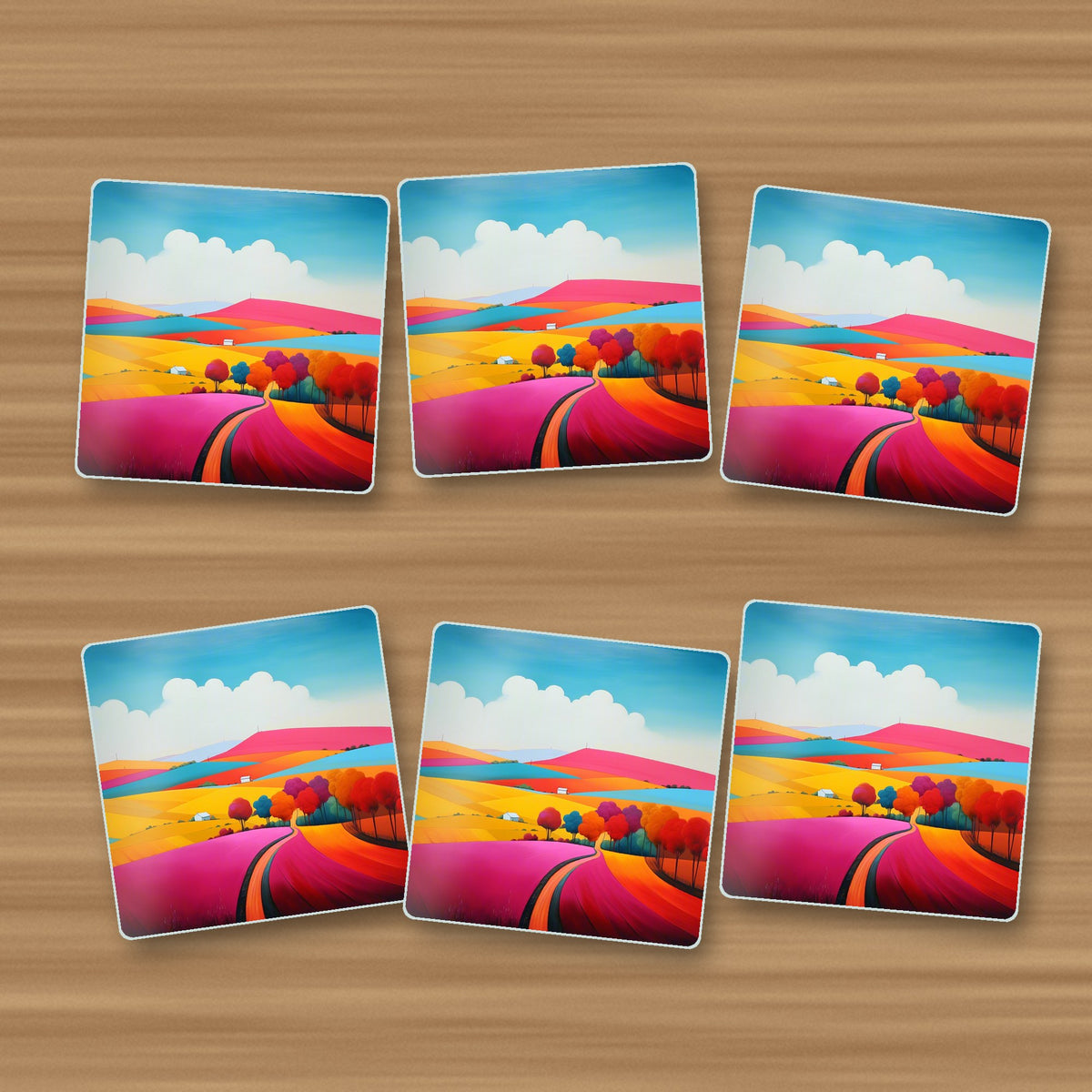 Bright Patchwork Hills square glass coasters, set of 6, on an oak coffee table