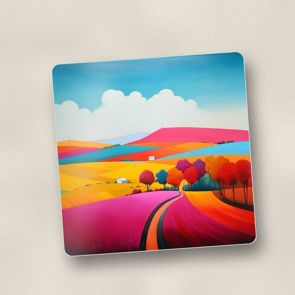Close-up of one bright patchwork hills square glass coaster, flat UV print