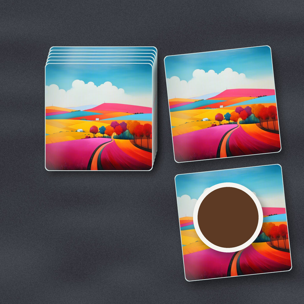 Bright Patchwork Hills square glass coasters stacked on a slate kitchen worktop