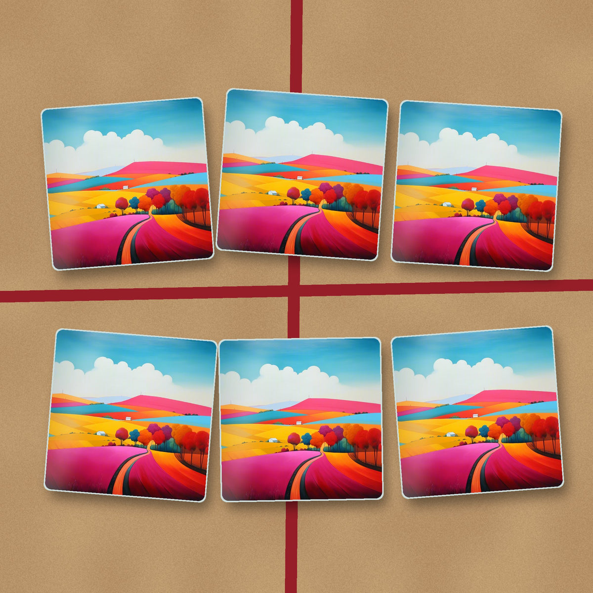 Bright Patchwork Hills square glass coasters on kraft gift wrap