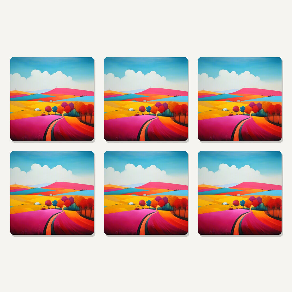 Flat lay of the bright patchwork hills artwork on six square coasters