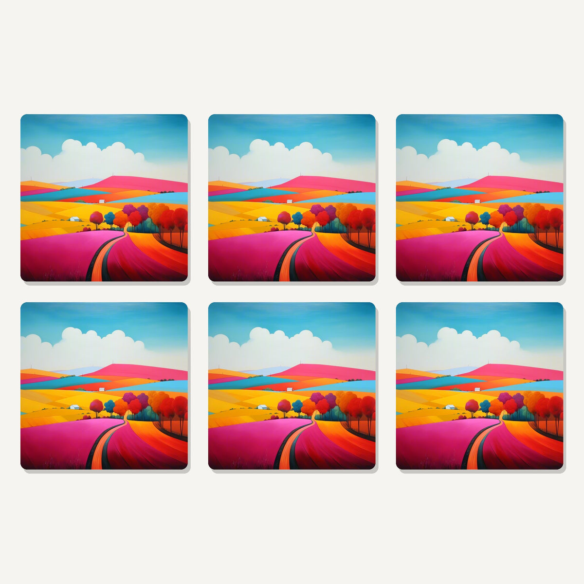 Flat lay of the bright patchwork hills artwork on six square coasters