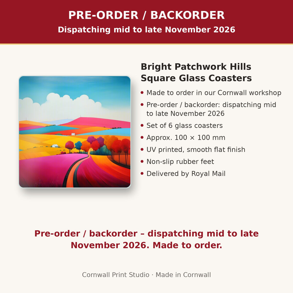 Info card: Bright Patchwork Hills Square Glass Coasters – Set of 6, made to order, dispatching mid to late November 2026, delivered by Royal Mail