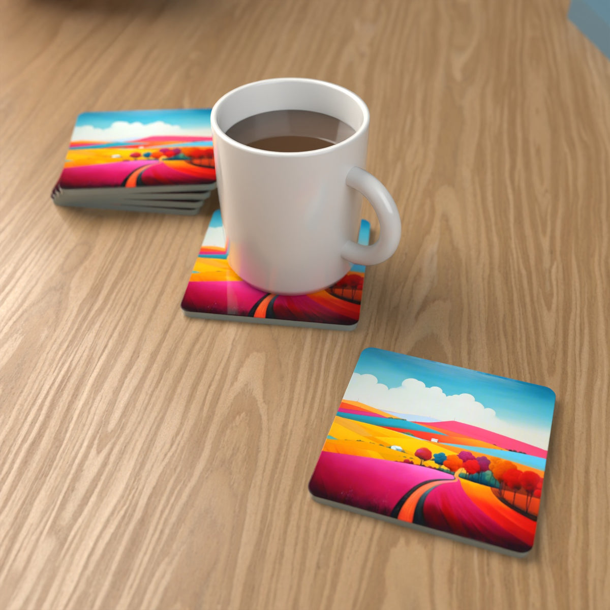 Bright Patchwork Hills Square Glass Coasters – Set of 6 – lifestyle mockup with a mug of coffee