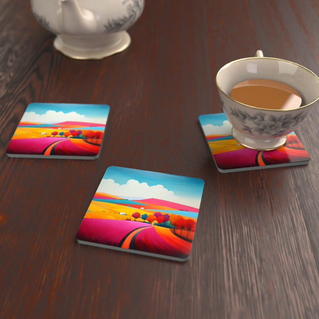 Bright Patchwork Hills Square Glass Coasters – Set of 6 – lifestyle mockup with a teacup