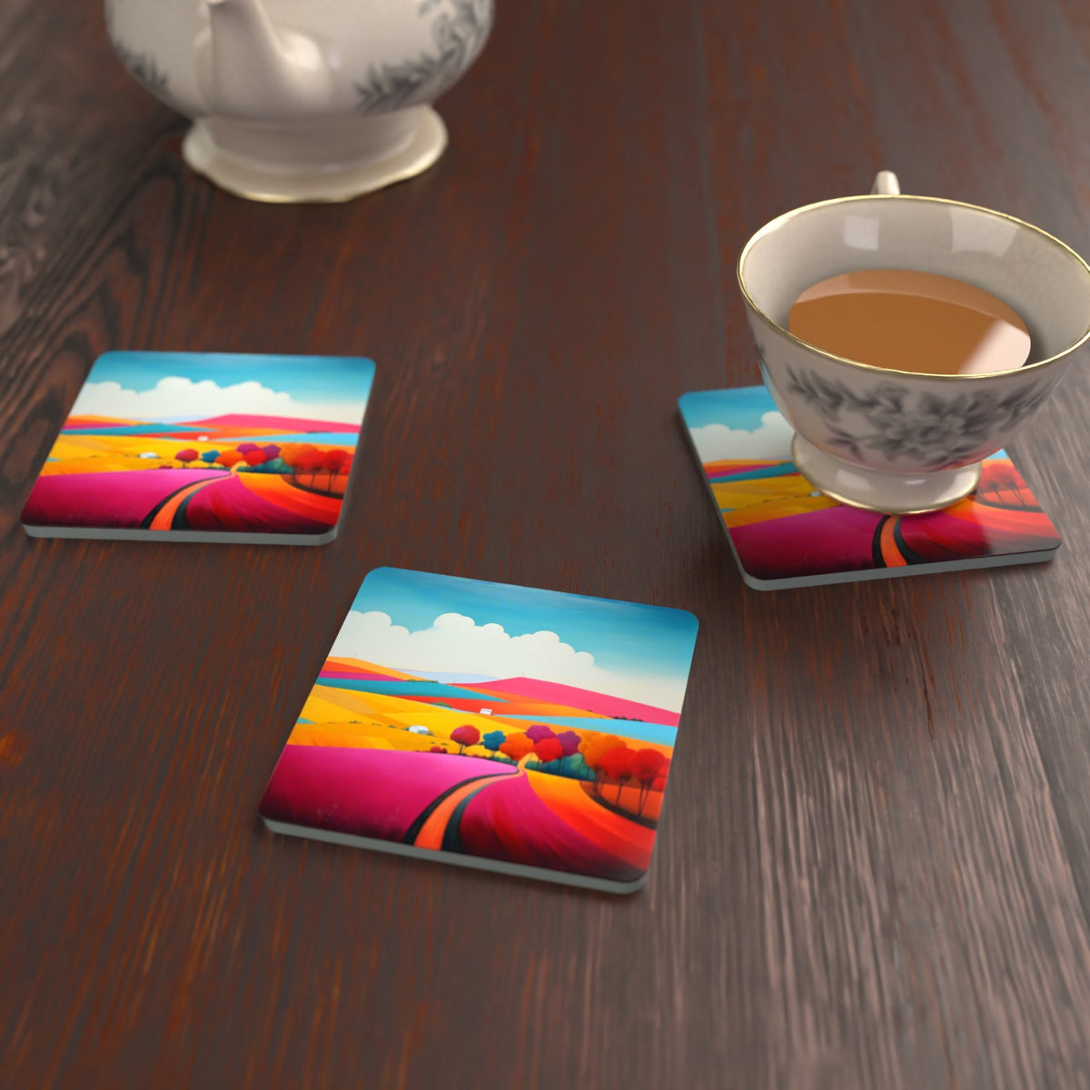 Bright Patchwork Hills Square Glass Coasters – Set of 6 – lifestyle mockup with a teacup