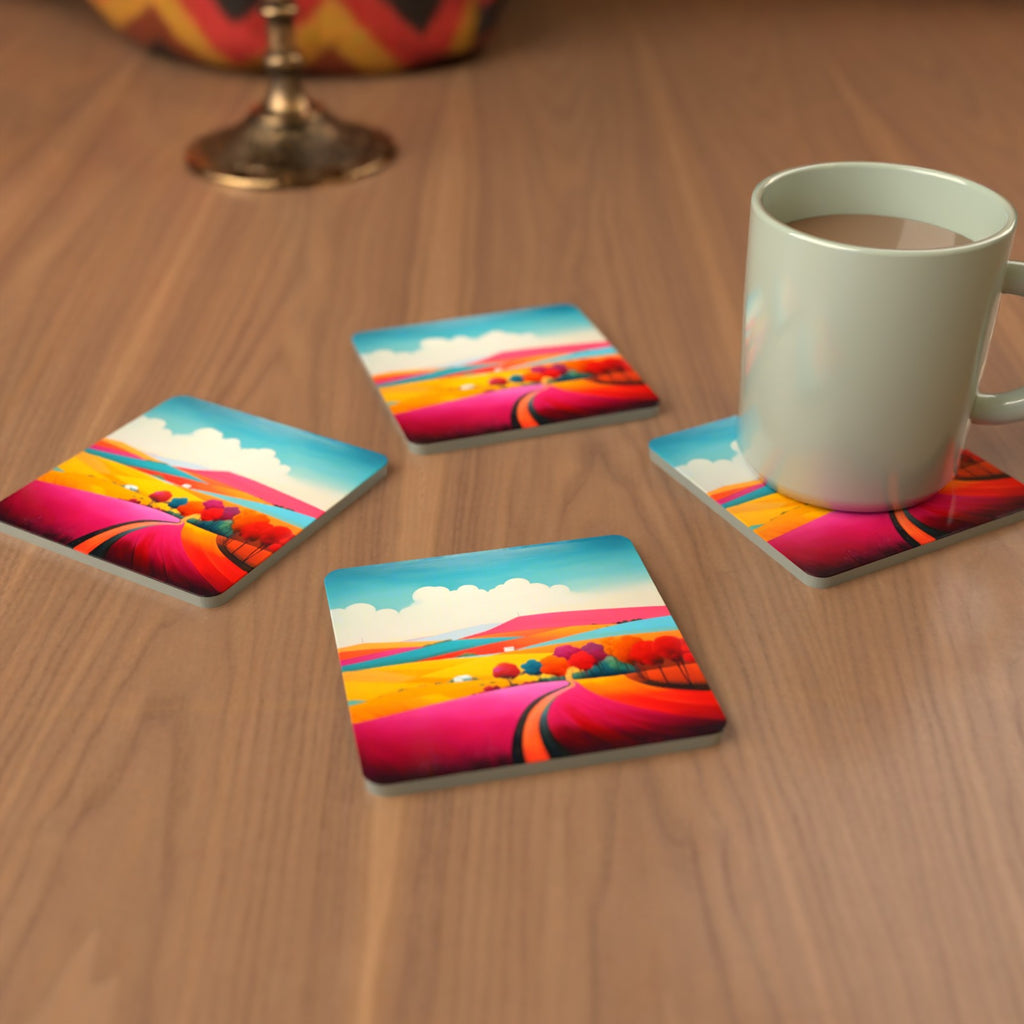Bright Patchwork Hills Square Glass Coasters – Set of 6 – cosy lifestyle mockup