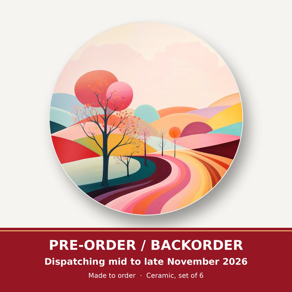 Winding Road through Pastel Hills round ceramic coaster set of 6 – pre-order / backorder, dispatching mid to late November 2026