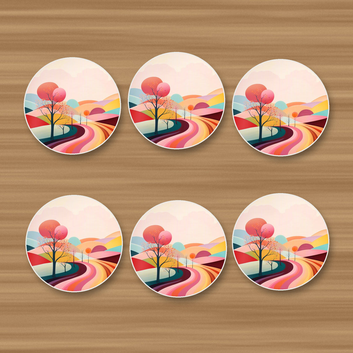 Winding Road through Pastel Hills round ceramic coasters, set of 6, on an oak coffee table
