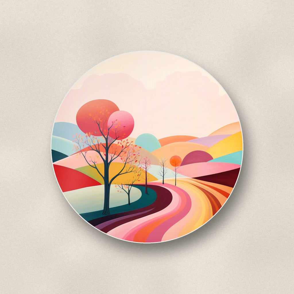 Close-up of one winding road through pastel hills round ceramic coaster, flat UV print