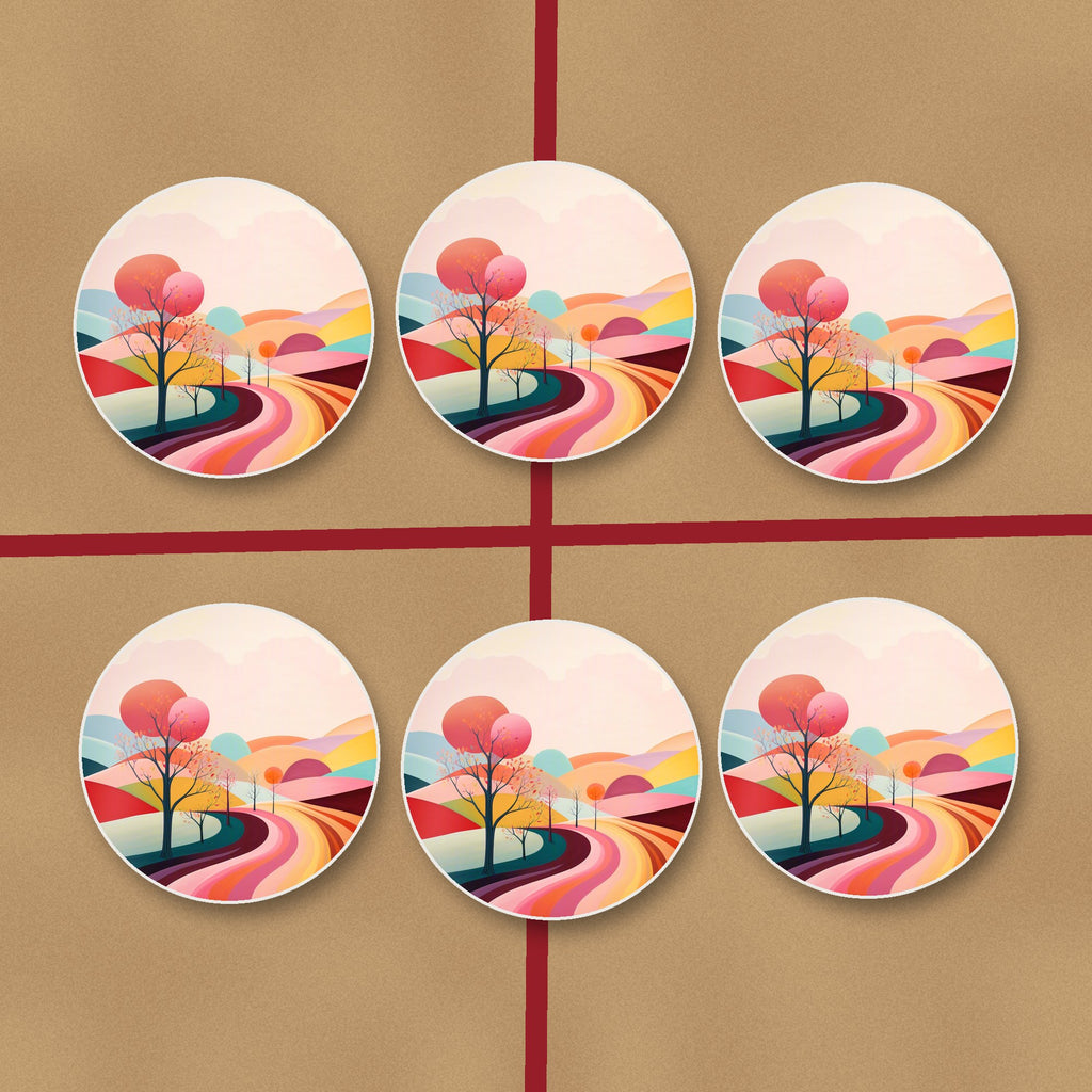 Winding Road through Pastel Hills round ceramic coasters on kraft gift wrap