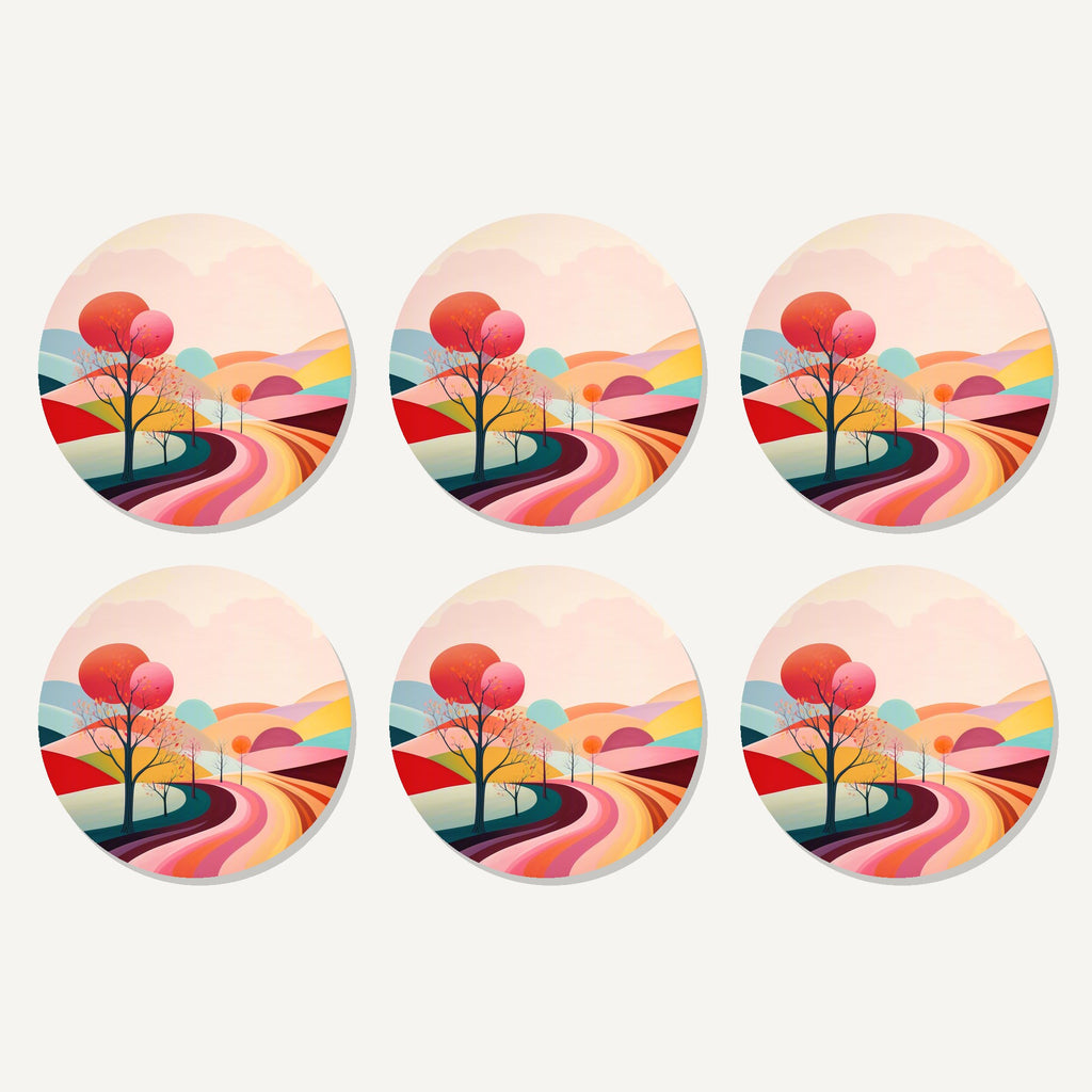 Flat lay of the winding road through pastel hills artwork on six round coasters