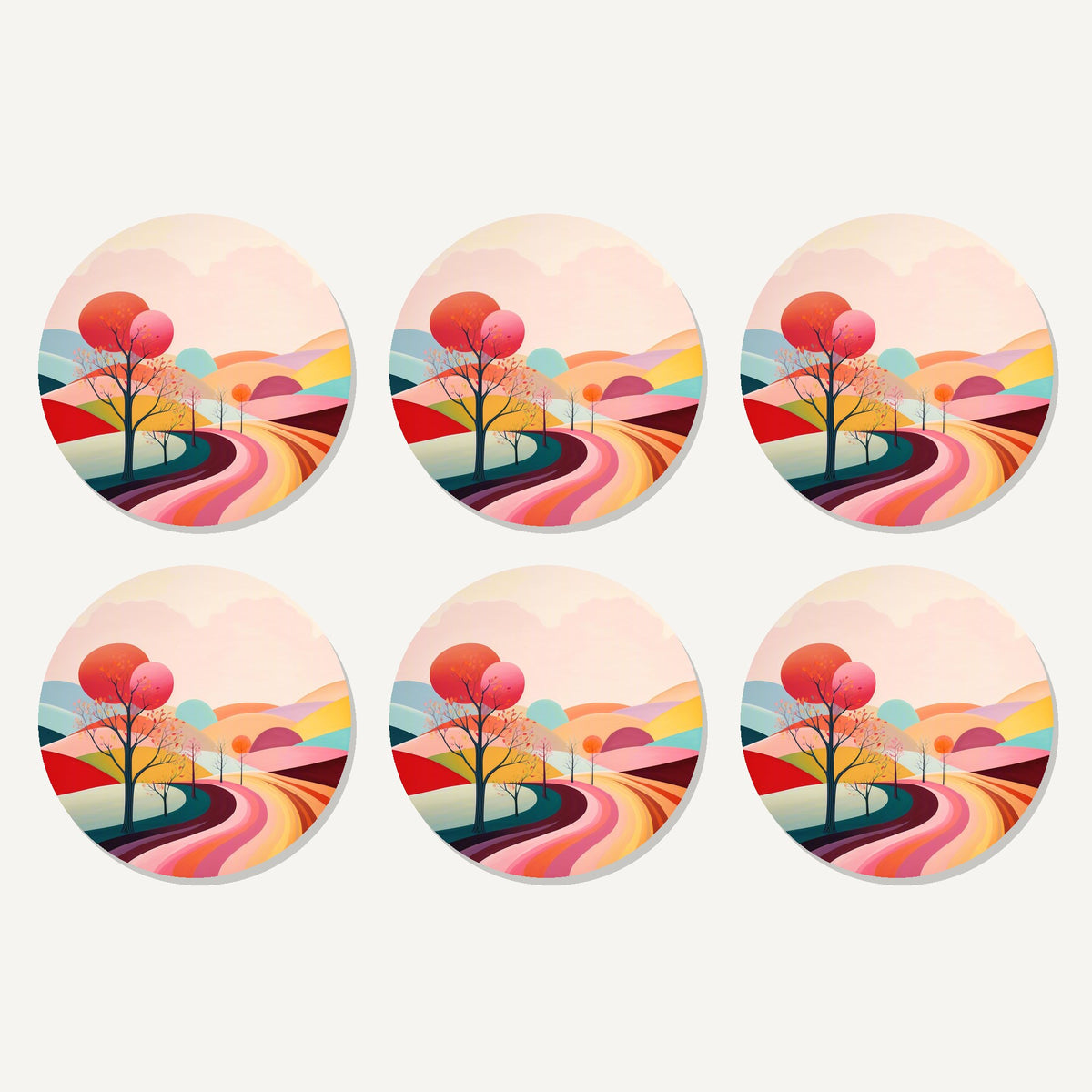 Flat lay of the winding road through pastel hills artwork on six round coasters