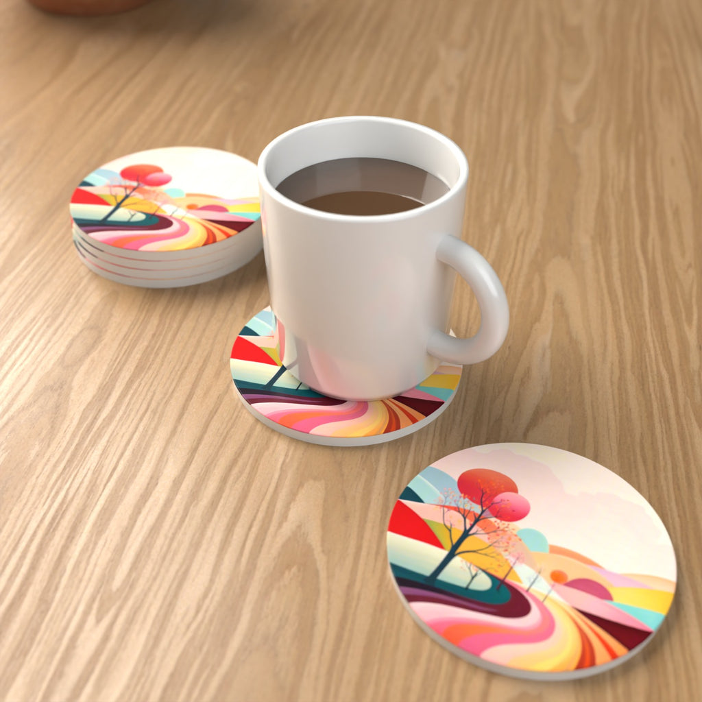 Winding Road through Pastel Hills Round Ceramic Coasters – Set of 6 – lifestyle mockup with a mug of coffee