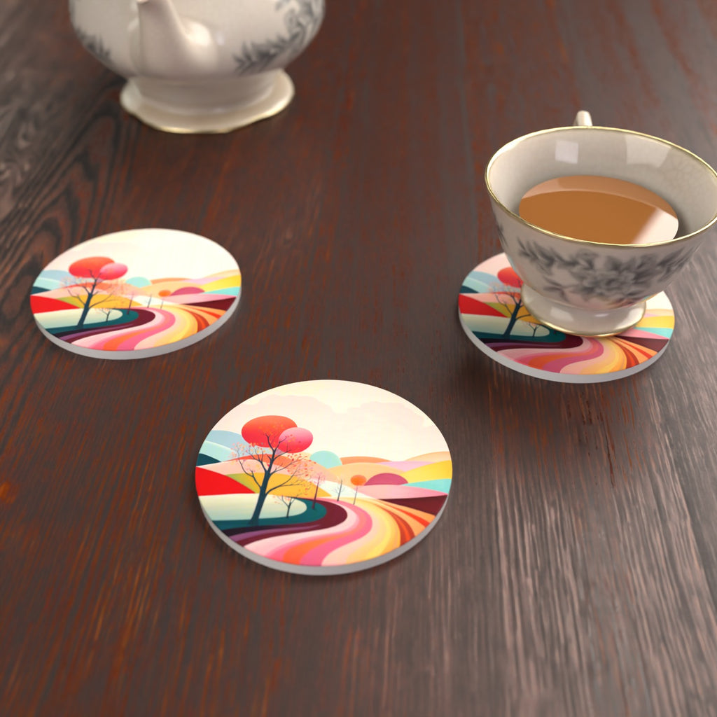 Winding Road through Pastel Hills Round Ceramic Coasters – Set of 6 – lifestyle mockup with a teacup