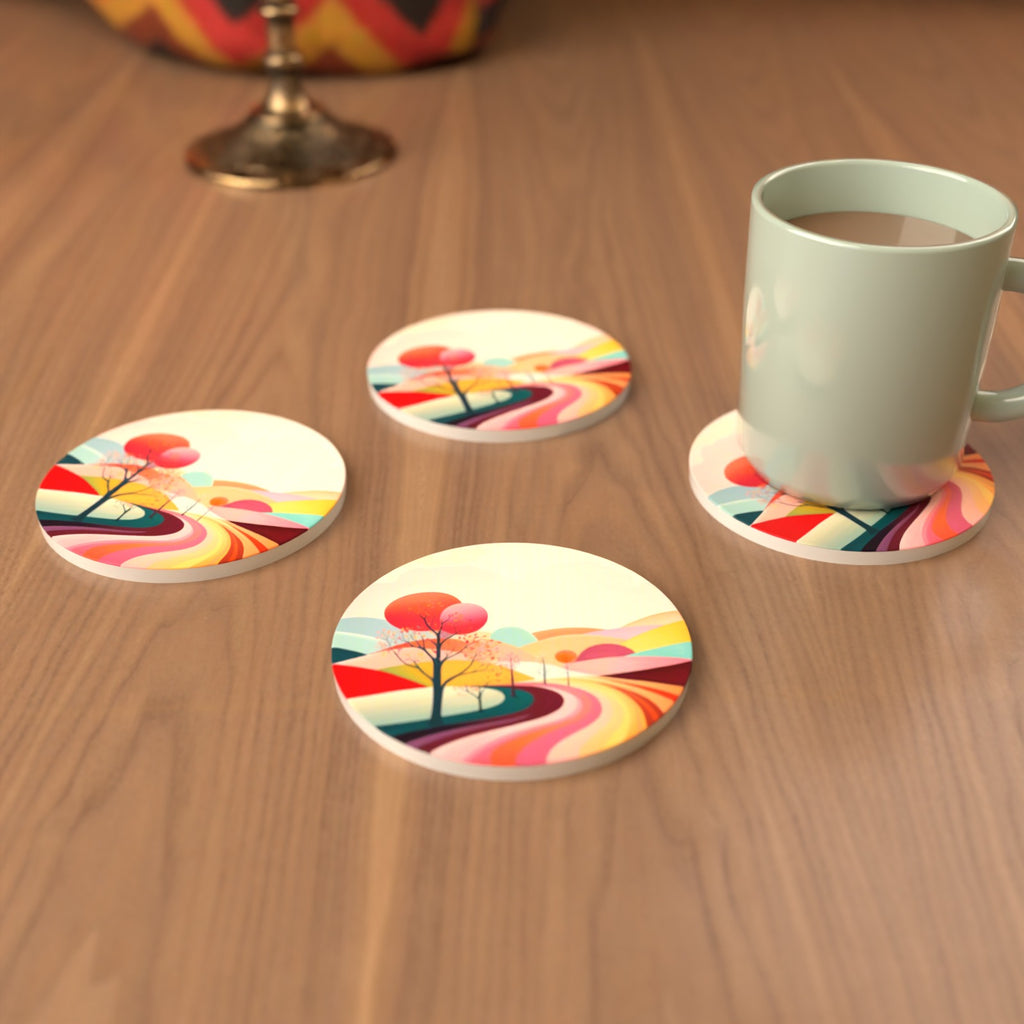 Winding Road through Pastel Hills Round Ceramic Coasters – Set of 6 – cosy lifestyle mockup