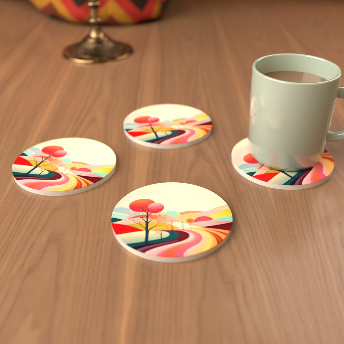 Winding Road through Pastel Hills Round Ceramic Coasters – Set of 6 – cosy lifestyle mockup