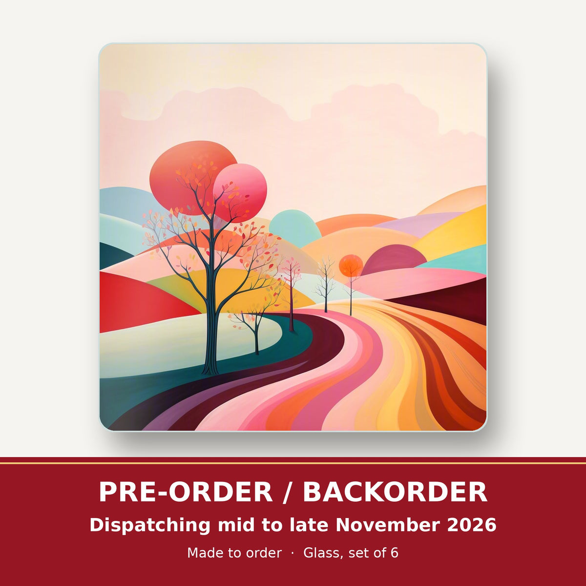 Winding Road through Pastel Hills square glass coaster set of 6 – pre-order / backorder, dispatching mid to late November 2026