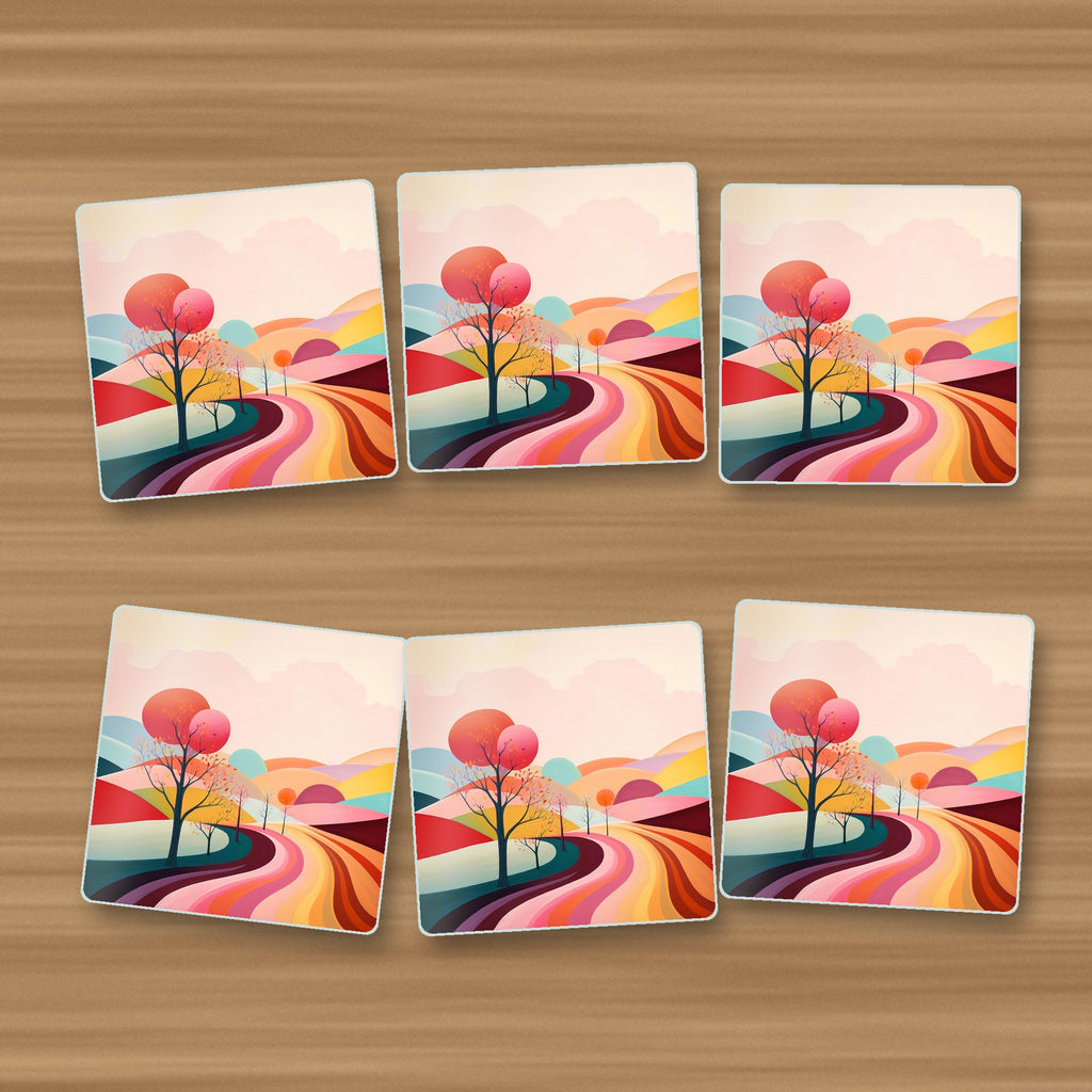 Winding Road through Pastel Hills square glass coasters, set of 6, on an oak coffee table