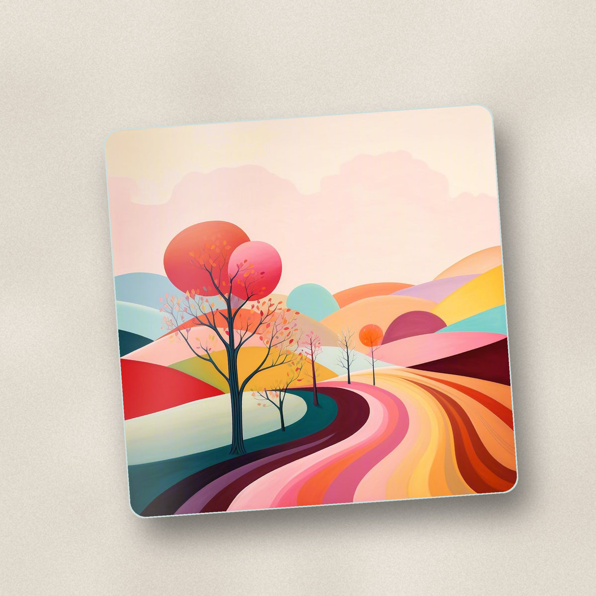 Close-up of one winding road through pastel hills square glass coaster, flat UV print