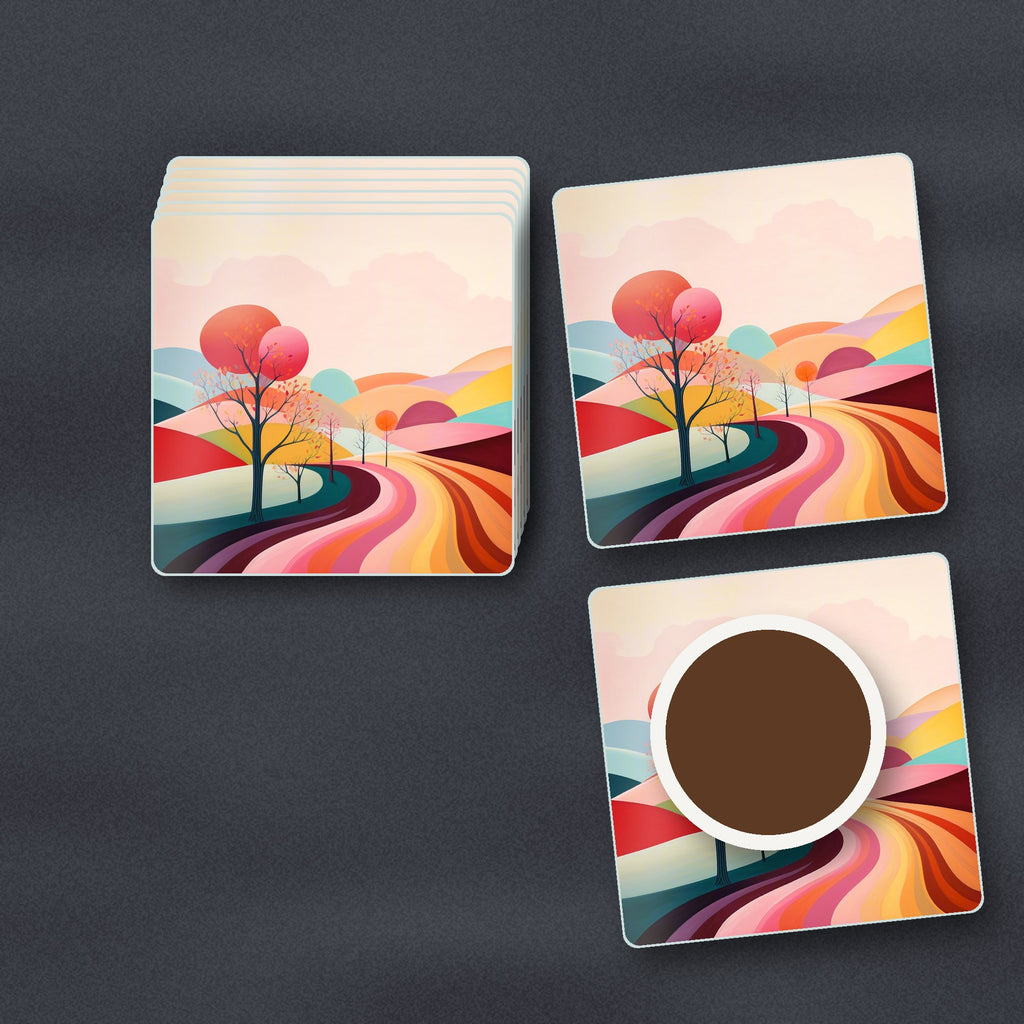 Winding Road through Pastel Hills square glass coasters stacked on a slate kitchen worktop