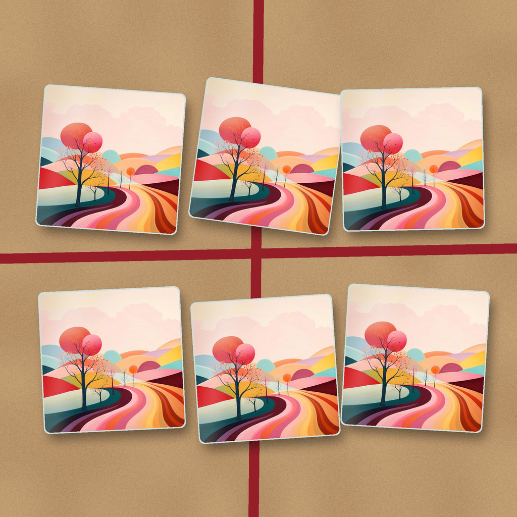 Winding Road through Pastel Hills square glass coasters on kraft gift wrap