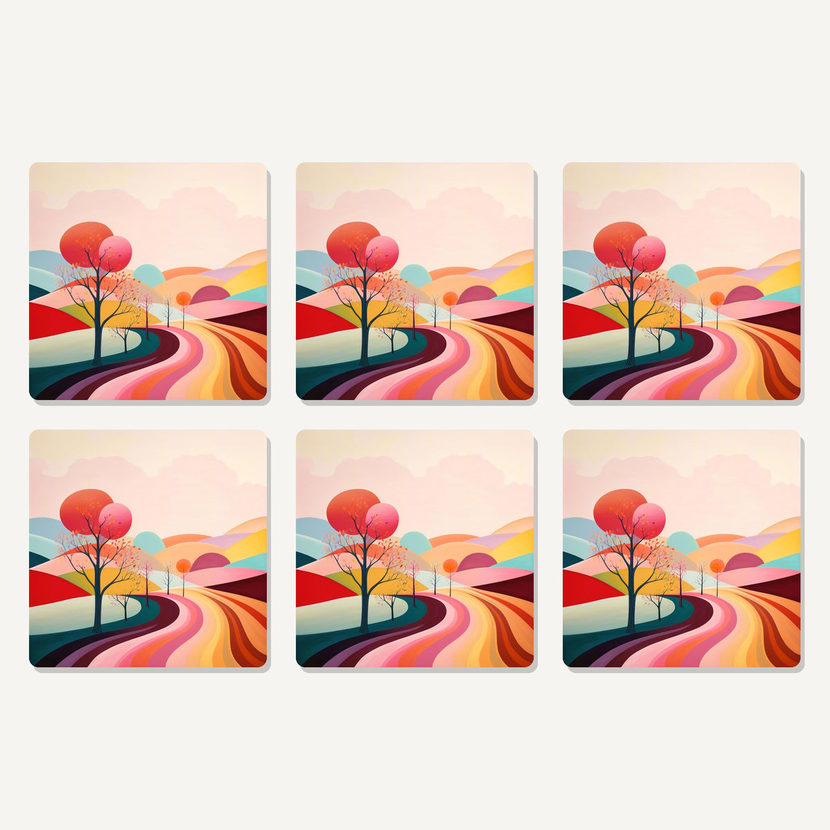 Flat lay of the winding road through pastel hills artwork on six square coasters