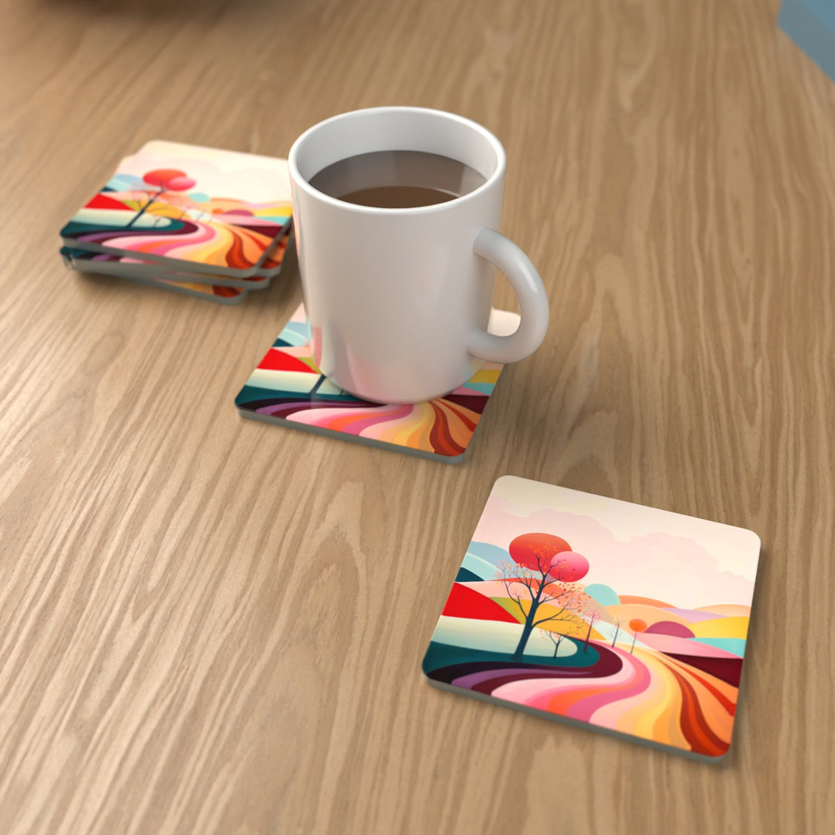 Winding Road through Pastel Hills Square Glass Coasters – Set of 6 – lifestyle mockup with a mug of coffee