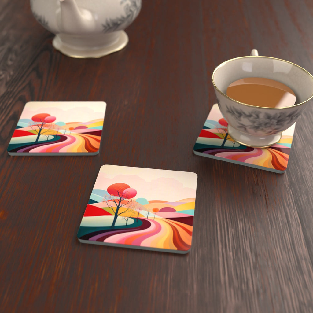 Winding Road through Pastel Hills Square Glass Coasters – Set of 6 – lifestyle mockup with a teacup