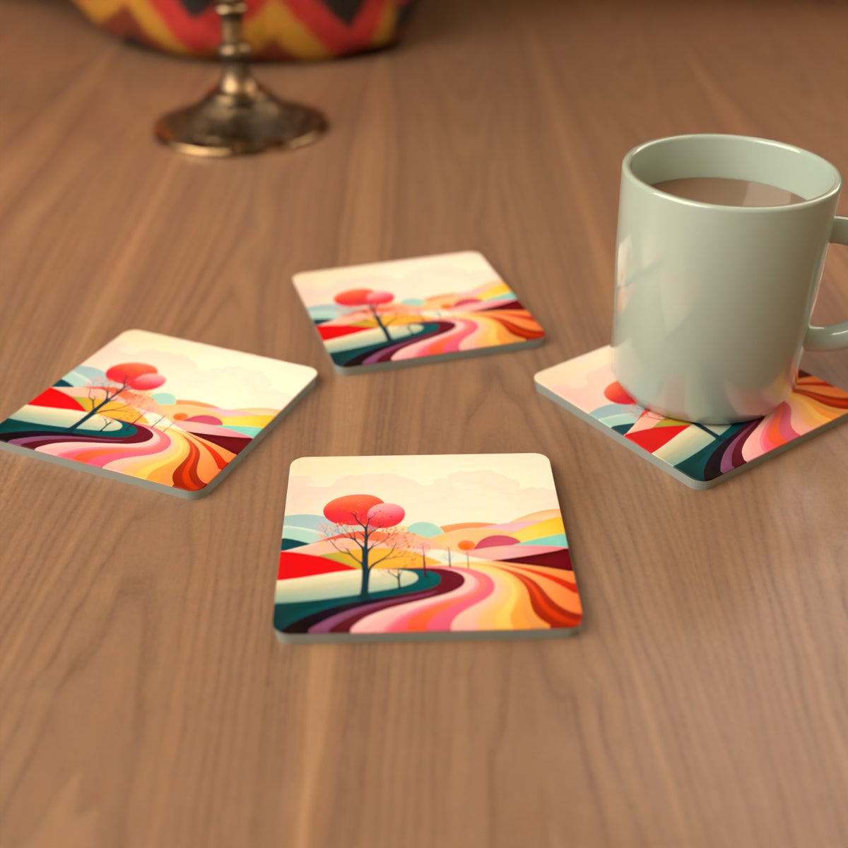 Winding Road through Pastel Hills Square Glass Coasters – Set of 6 – cosy lifestyle mockup