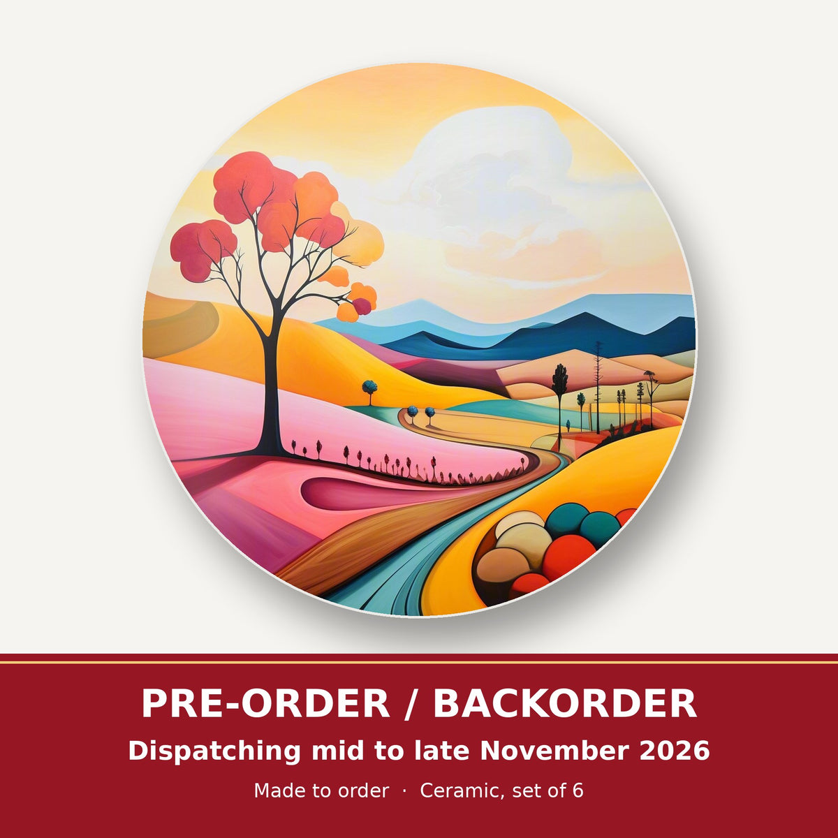 Colourful Hills & Red Tree round ceramic coaster set of 6 – pre-order / backorder, dispatching mid to late November 2026
