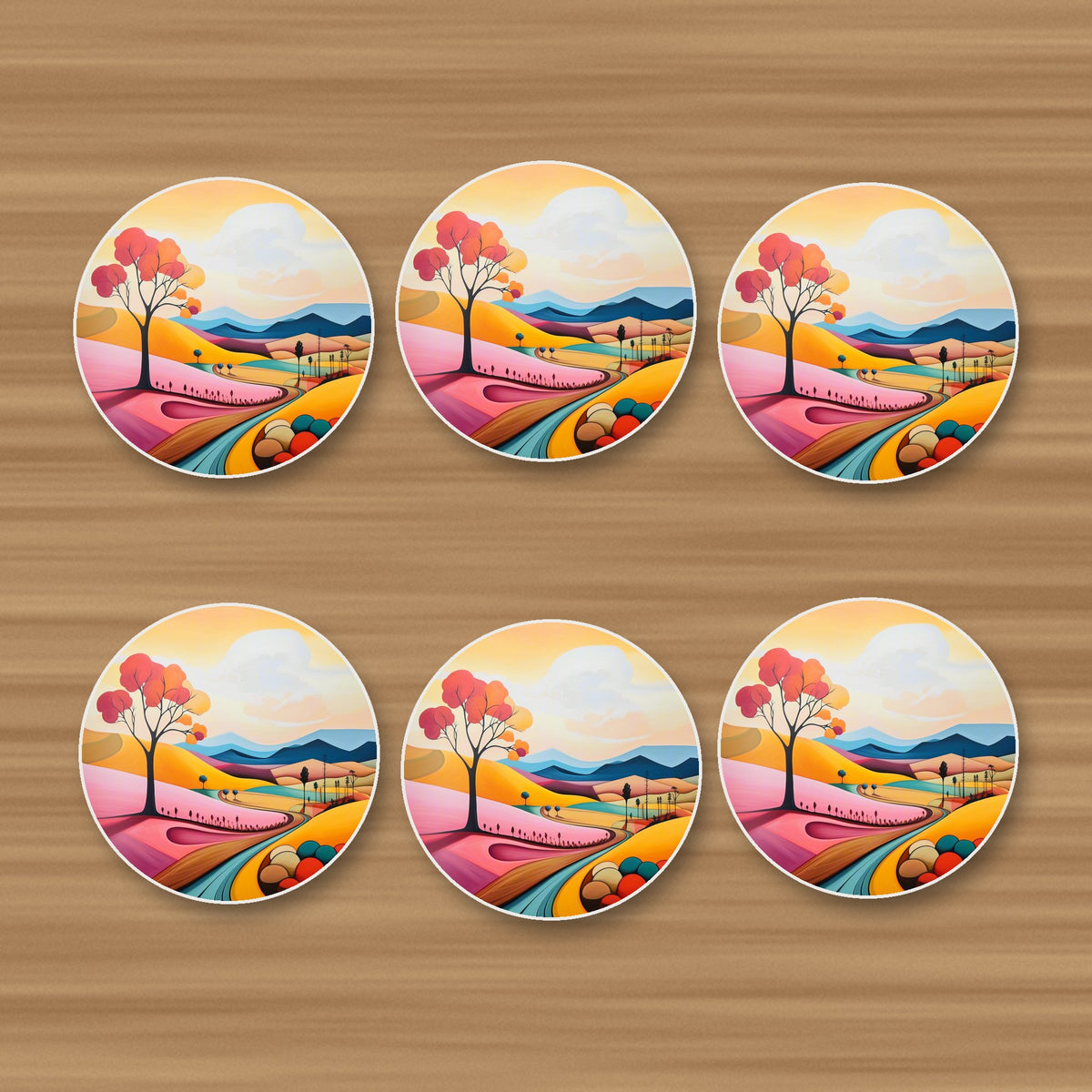 Colourful Hills & Red Tree round ceramic coasters, set of 6, on an oak coffee table