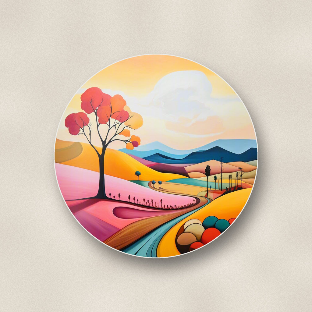 Close-up of one colourful hills & red tree round ceramic coaster, flat UV print