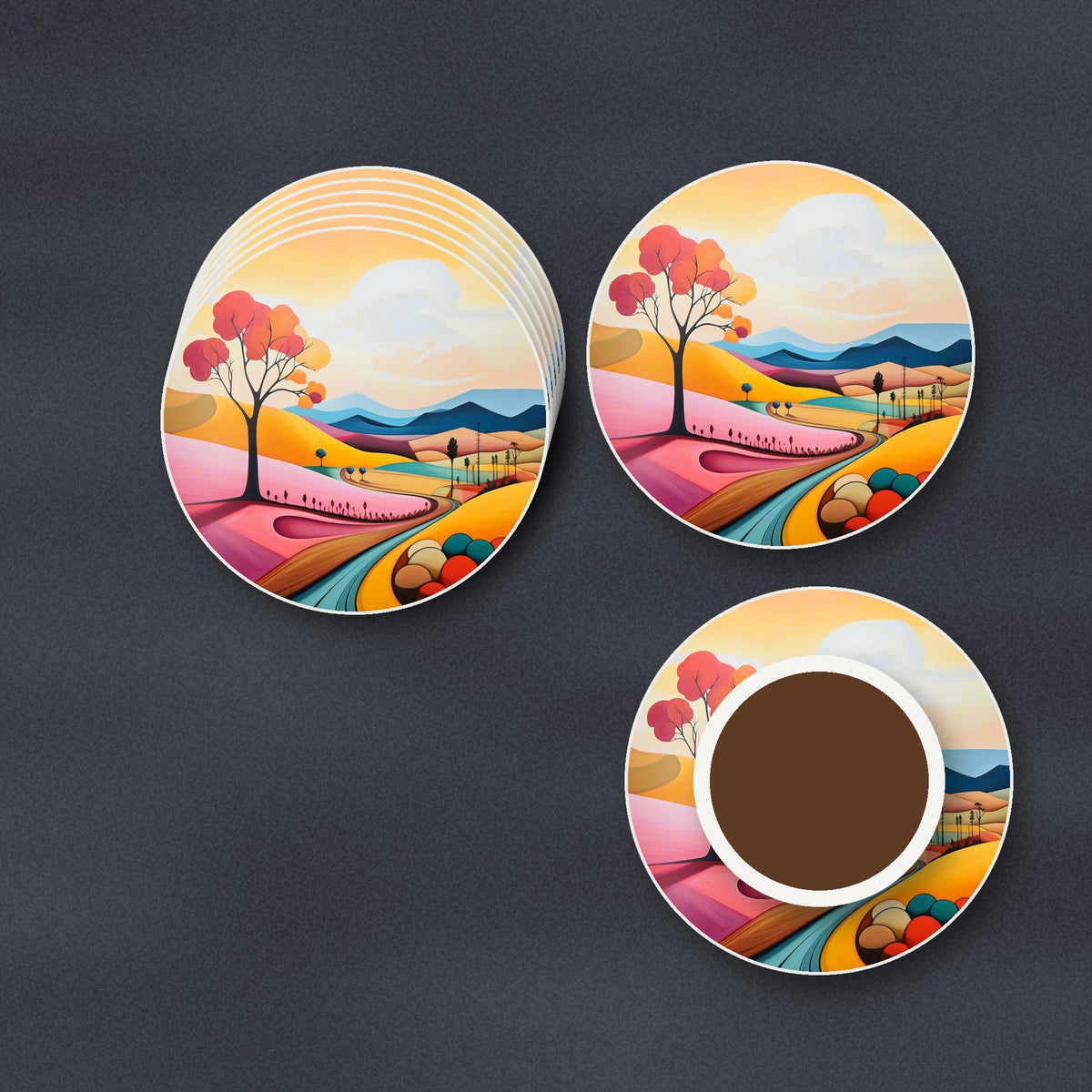 Colourful Hills & Red Tree round ceramic coasters stacked on a slate kitchen worktop