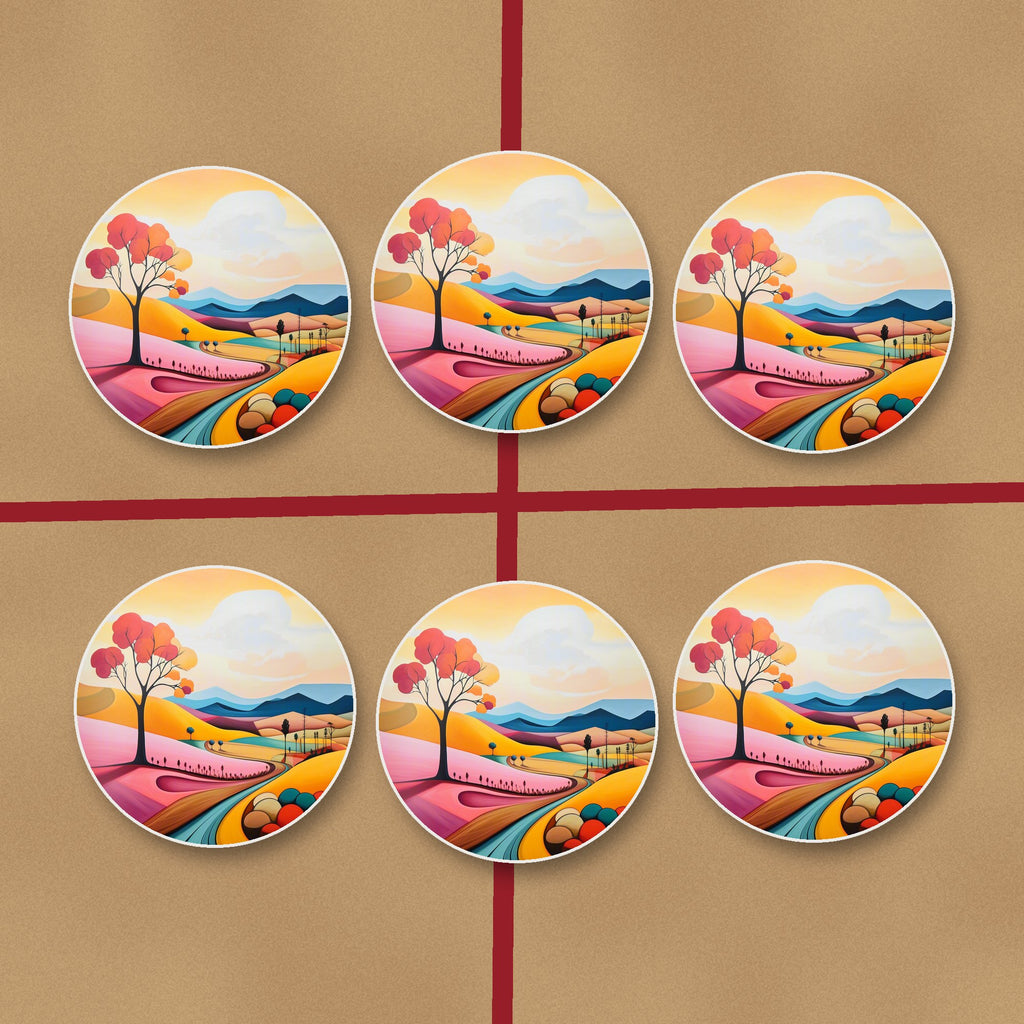 Colourful Hills & Red Tree round ceramic coasters on kraft gift wrap