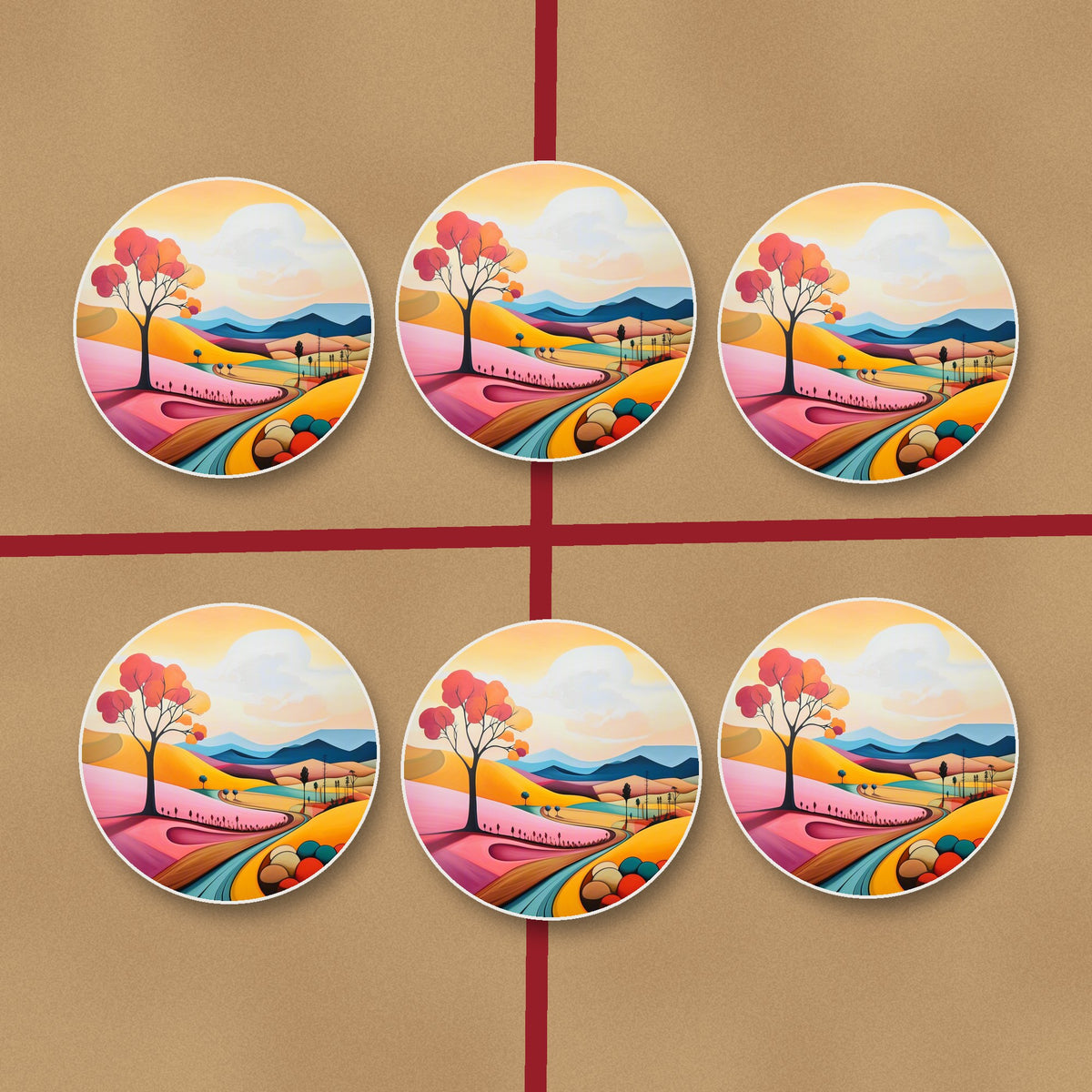 Colourful Hills & Red Tree round ceramic coasters on kraft gift wrap