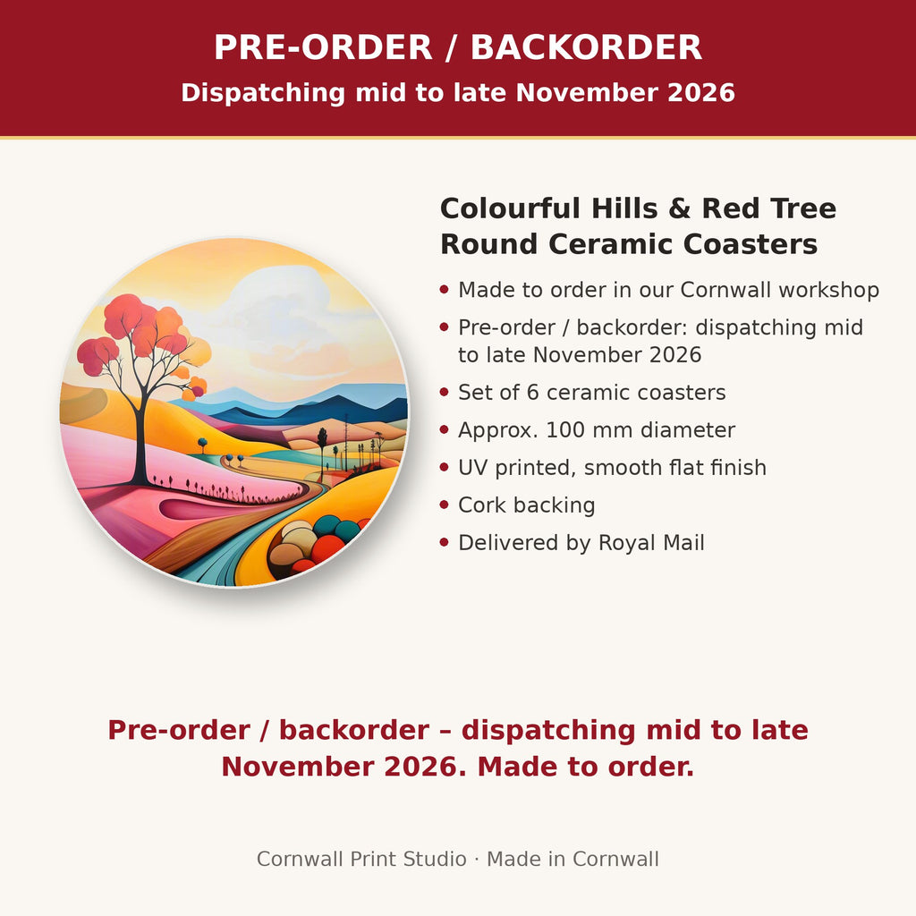 Info card: Colourful Hills & Red Tree Round Ceramic Coasters – Set of 6, made to order, dispatching mid to late November 2026, delivered by Royal Mail