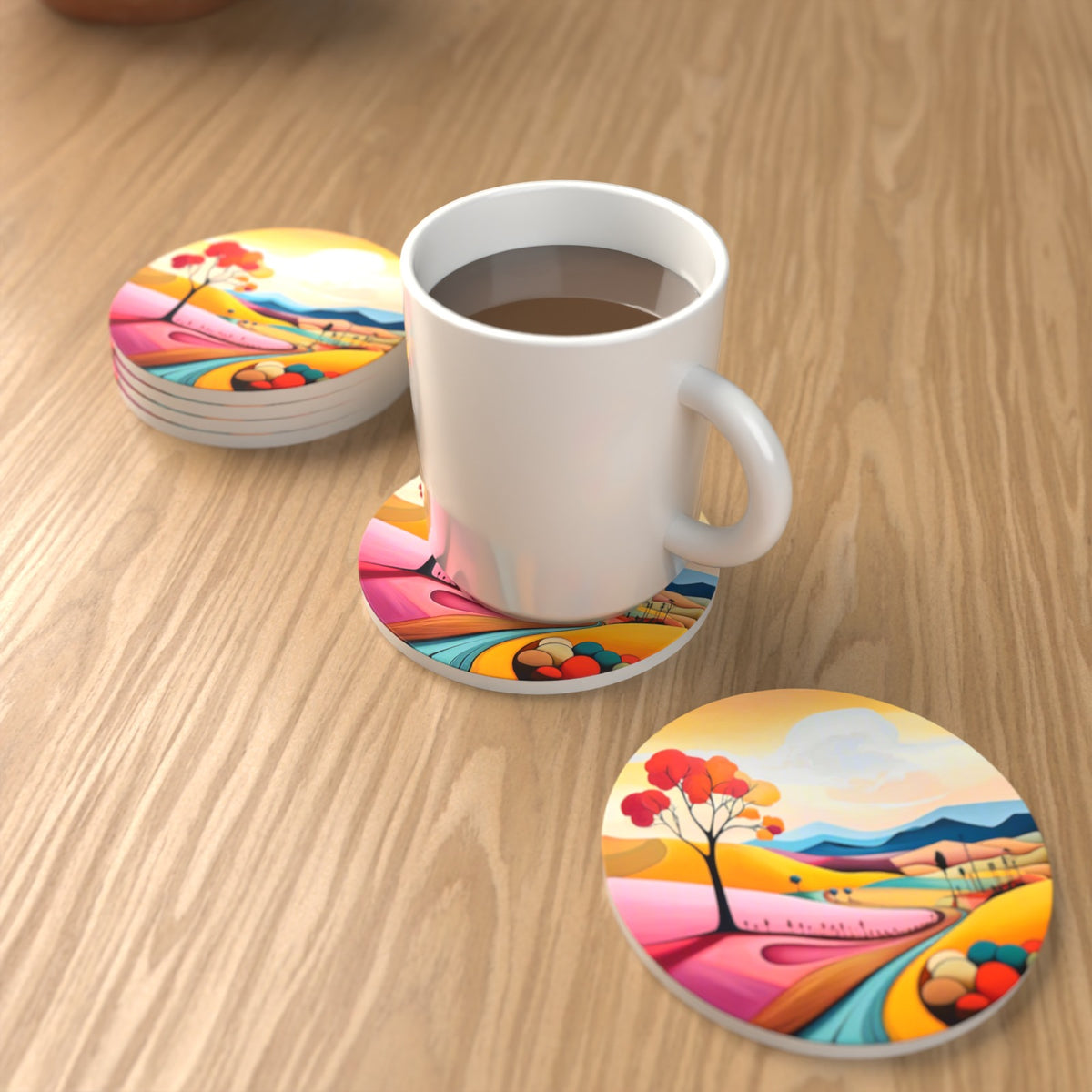 Colourful Hills & Red Tree Round Ceramic Coasters – Set of 6 – lifestyle mockup with a mug of coffee