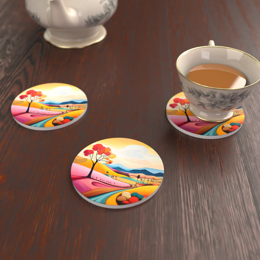 Colourful Hills & Red Tree Round Ceramic Coasters – Set of 6 – lifestyle mockup with a teacup