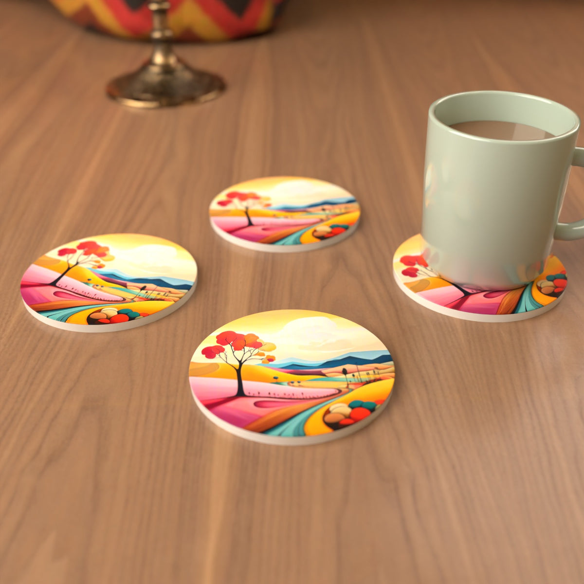 Colourful Hills & Red Tree Round Ceramic Coasters – Set of 6 – cosy lifestyle mockup